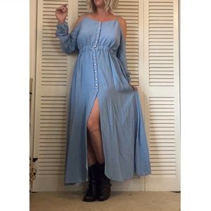 Gorgeous Blue Flowy Boho Hippie Dress - Cold Shoulder - Cinched Waist - Size L